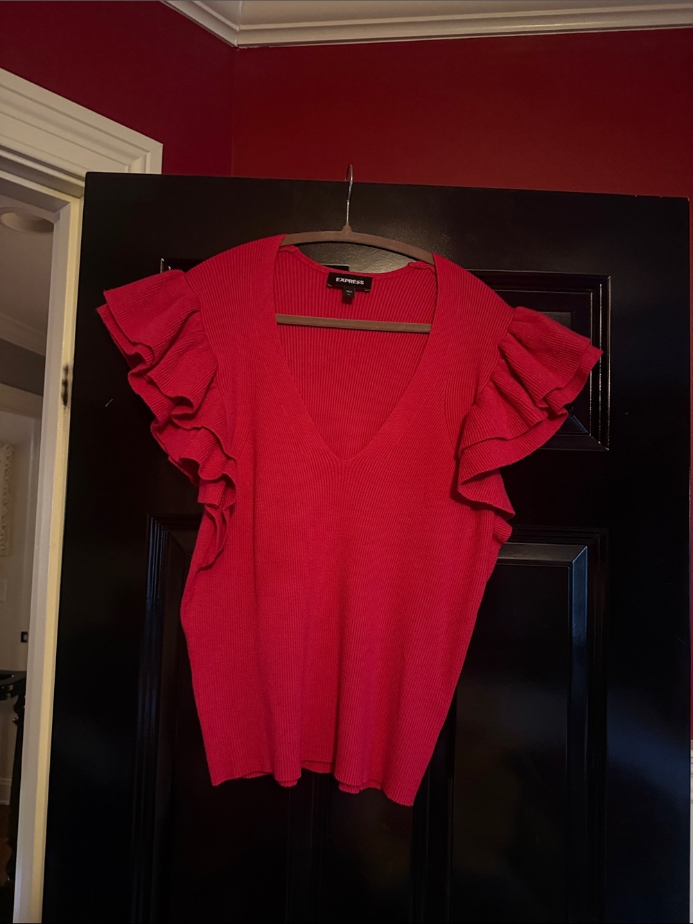 Express Red Ruffle Sleeve V-Neck Top